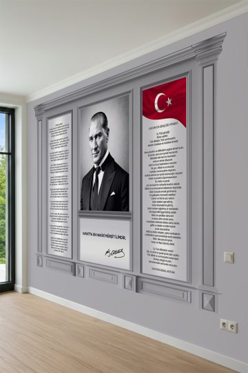 Atatürk Portreli Gençliğe Hitabe- İstiklal Marşı Temalı Tek Parça Tekstil Duvar Kağıdı