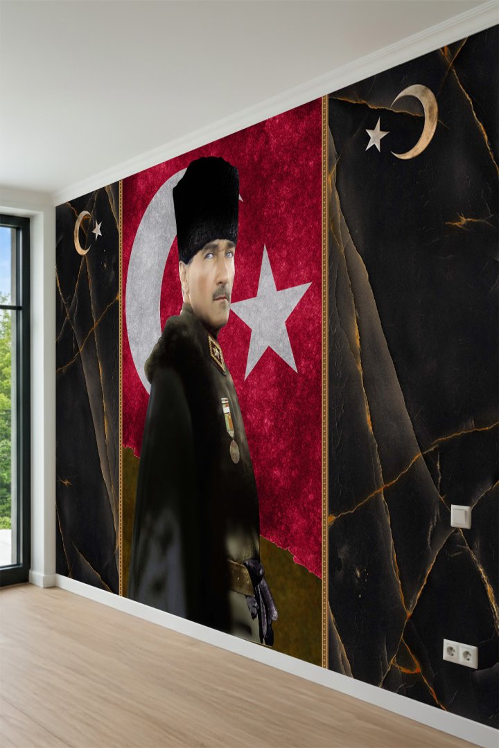  Atatürk Portreli Türk Bayrağı ve Mermer Doku Detaylı Tekstil Duvar Kağıdı