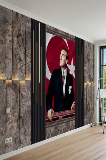  Atatürk Portreli Türk Bayrağı ve Modern Mermer Desenli Tek Parça Tekstil Duvar Kağıdı