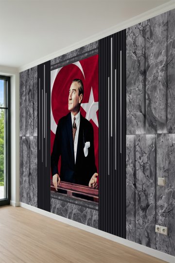  Atatürk Portreli Türk Bayrağı ve Modern Mermer Görünümlü Tek Parça Tekstil Duvar Kağıdı