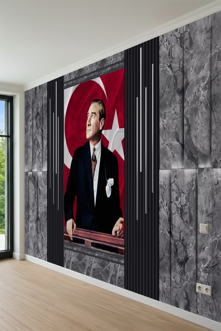  Atatürk Portreli Türk Bayrağı ve Modern Mermer Görünümlü Tek Parça Tekstil Duvar Kağıdı