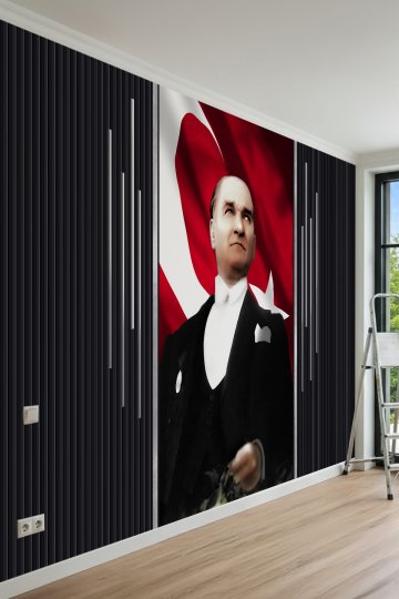  Atatürk Portreli Türk Bayrağı ve Modern Tek Parça Tekstil Duvar Kağıdı