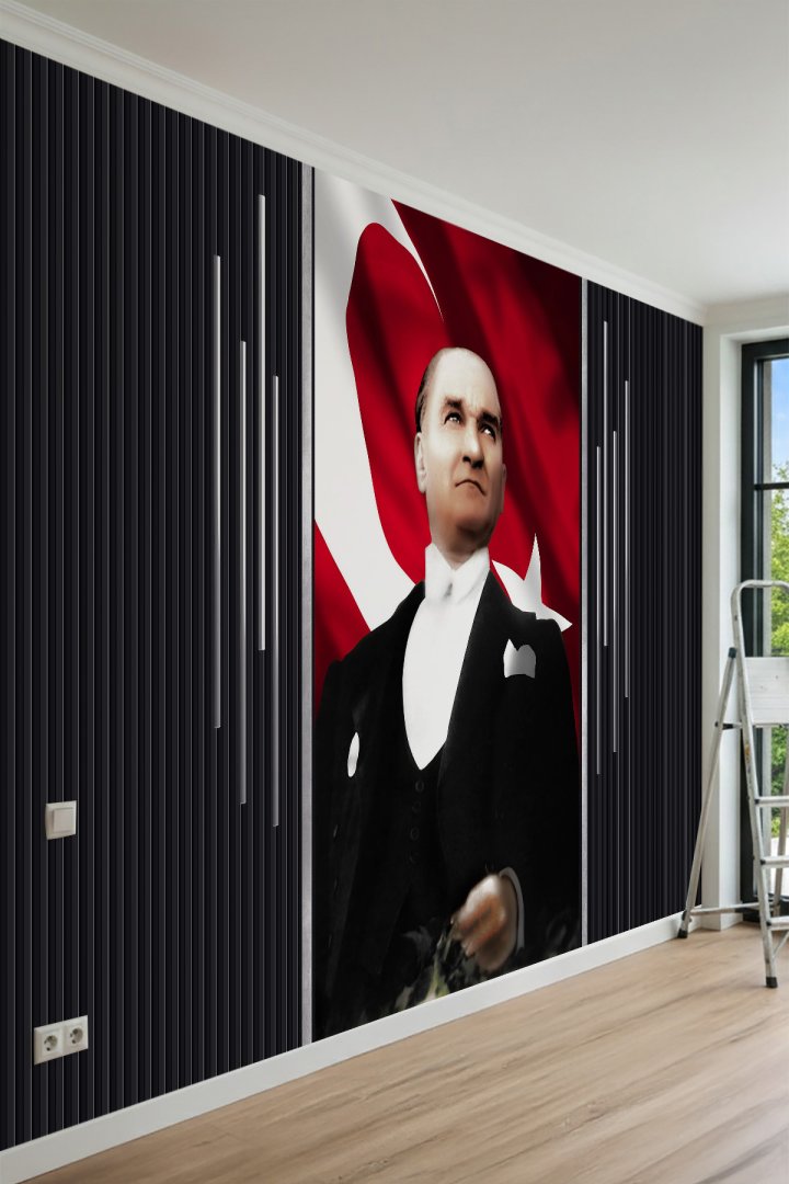  Atatürk Portreli Türk Bayrağı ve Modern Tek Parça Tekstil Duvar Kağıdı