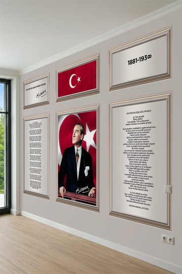 Atatürk Portreli ve İstiklal Marşı Tasarımlı Tek Parça Tekstil Duvar Kağıdı