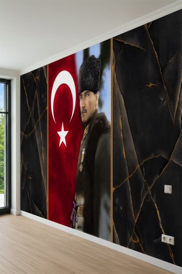  Atatürk Portresi Türk Bayrağı ve Mermer Doku Detaylı Tekstil Duvar Kağıdı