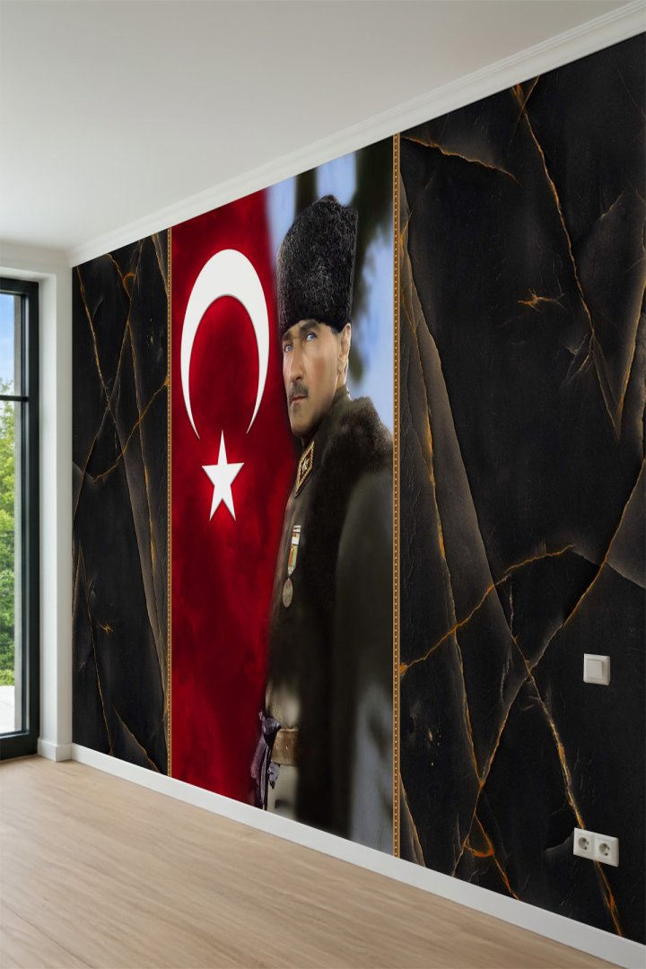  Atatürk Portresi Türk Bayrağı ve Mermer Doku Detaylı Tekstil Duvar Kağıdı