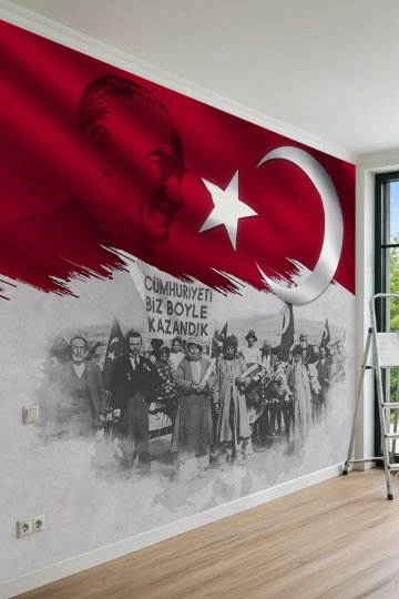Atatürk Silueti ve Cumhuriyet Temalı Tarihi Fotoğraflı Tekstil Duvar Kağıdı 