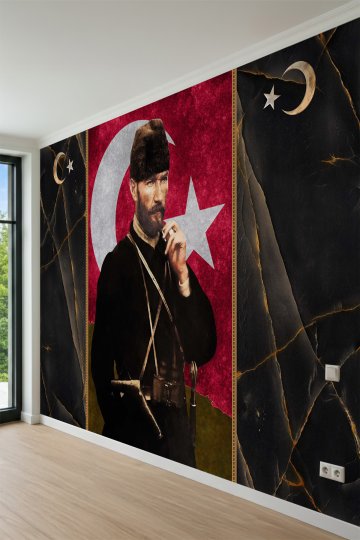 Atatürk Trablusgarp'ta Portreli Türk Bayrağı ve Mermer Desenli Tekstil Duvar Kağıdı