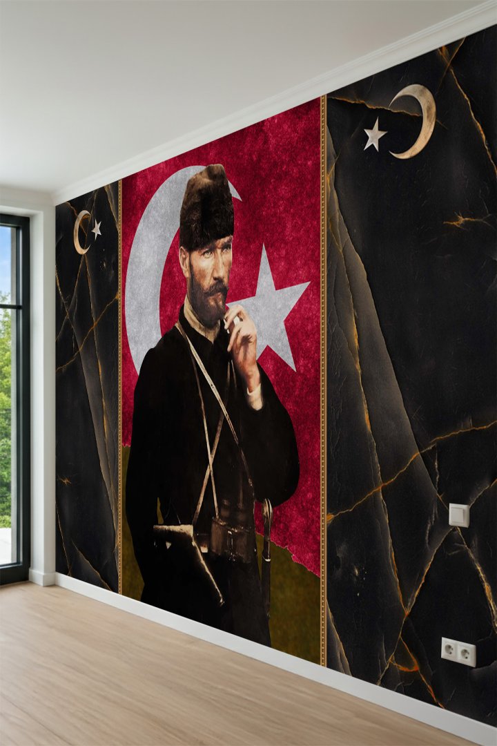 Atatürk Trablusgarp'ta Portreli Türk Bayrağı ve Mermer Desenli Tekstil Duvar Kağıdı