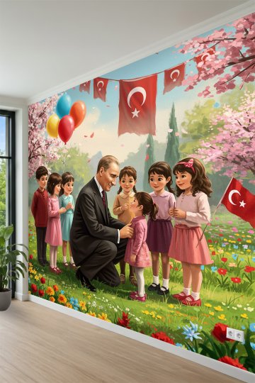 Atatürk ve Çocuklar Bahar Temalı Tek Parça Tekstil Duvar Kağıdı 