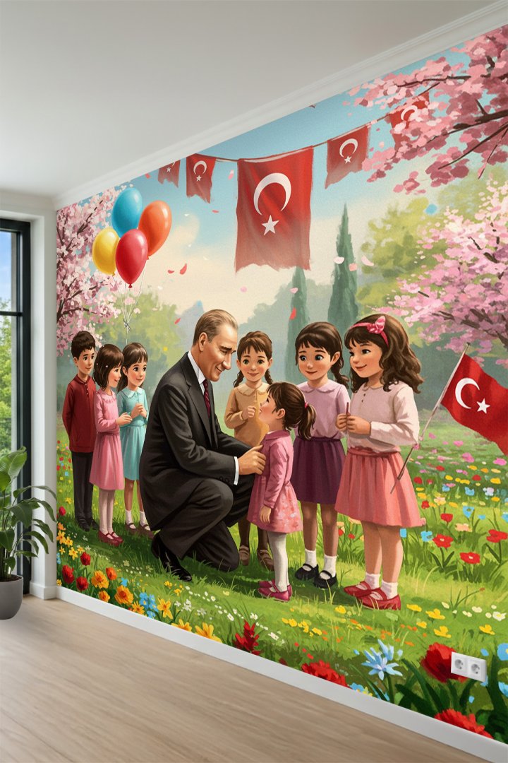 Atatürk ve Çocuklar Bahar Temalı Tek Parça Tekstil Duvar Kağıdı 