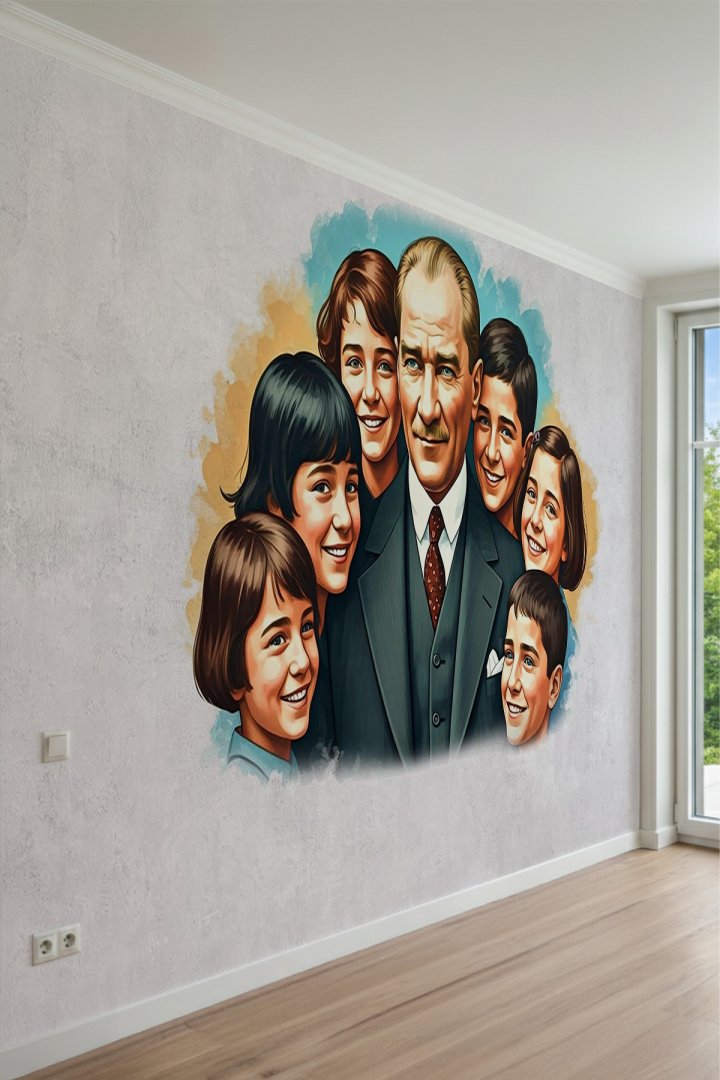 Atatürk ve Çocuklar Temalı Sulu Boya Desenli Tek Parça Tekstil Duvar Kağıdı