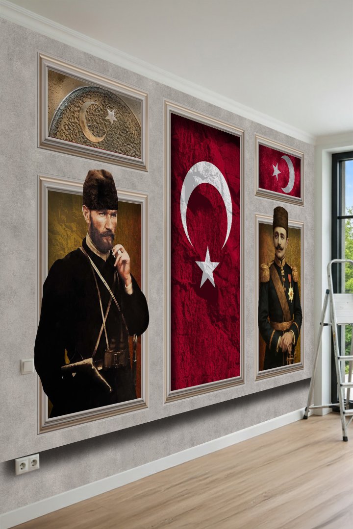 Atatürk ve Enver Paşa Portreli Türk Bayrağı Tek Parça Tekstil Duvar Kağıdı