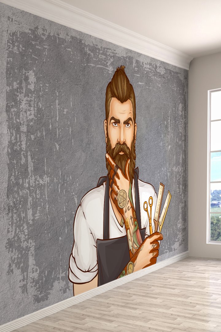 Barber Shop İllüstratif Berber Figürlü Tekstil Duvar Kağıdı