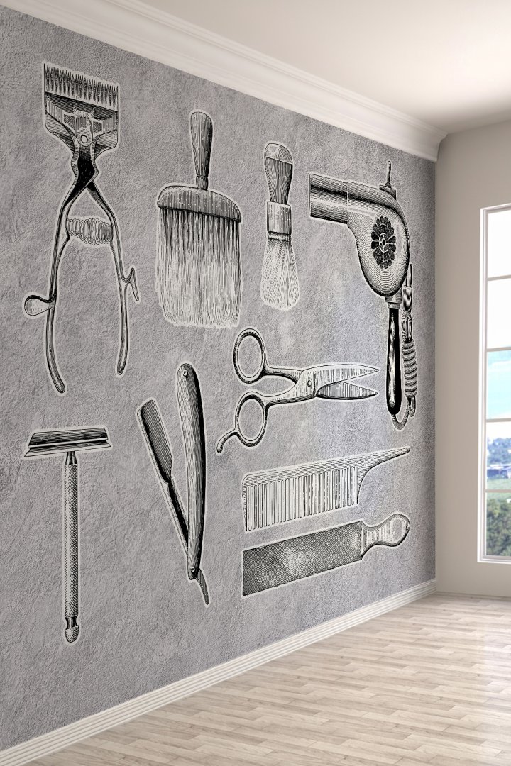 Barber Shop Vintage Çizim Gri Beton Desenli Tekstil Duvar Kağıdı