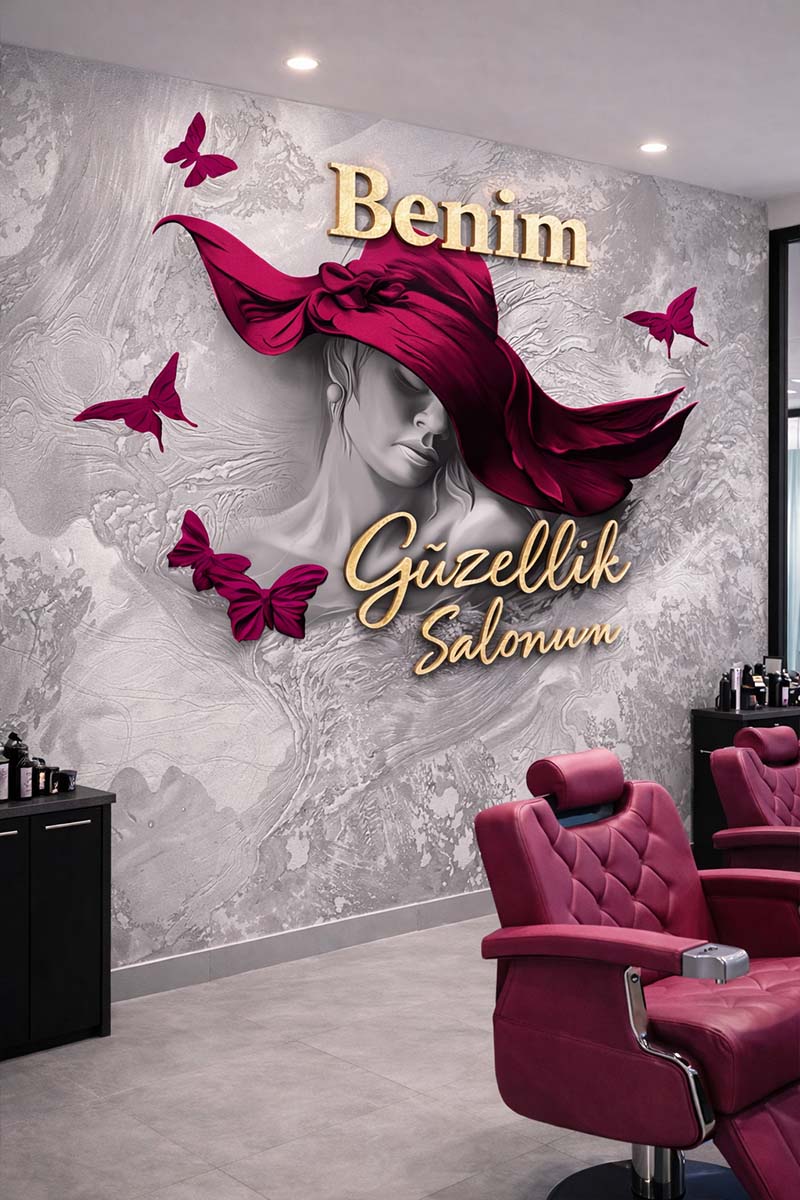 Bayan Kuaförü & Güzellik Salonlarına Özel Duvar Kağıdı – Logolu Tek Parça Tasarım görsel 1