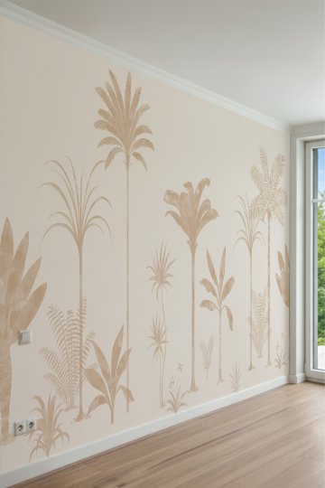 Bej Tonlarında Minimalist Tropikal Palmiye ve Bitki Silüetli Tek Parça Tekstil Duvar Kağıdı