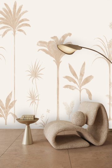 Bej Tonlarında Minimalist Tropikal Palmiye ve Bitki Silüetli Tek Parça Tekstil Duvar Kağıdı küçük görsel 2