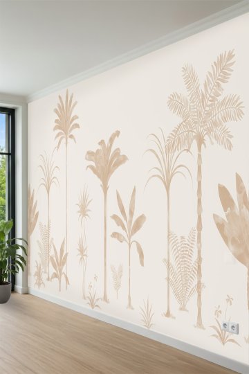 Bej Tonlarında Minimalist Tropikal Palmiye ve Bitki Silüetli Tek Parça Tekstil Duvar Kağıdı küçük görsel 3