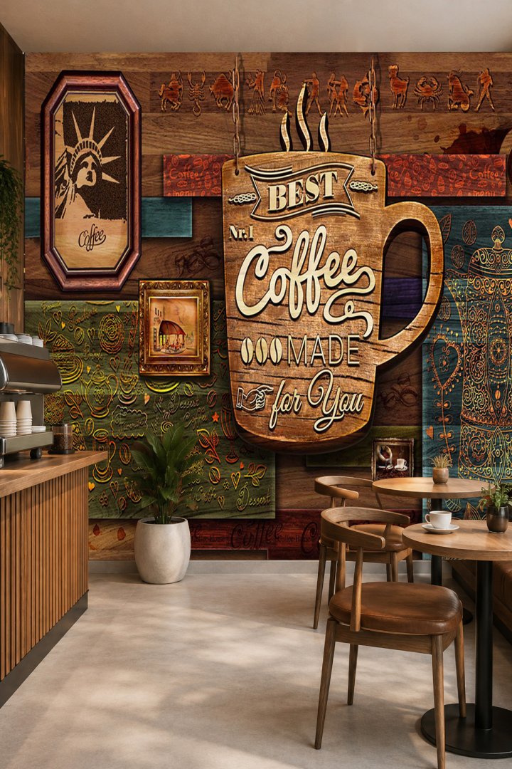 "Best Coffee" Yazılı ve Dekoratif Çerçeve Motifli Tek Parça Tekstil Duvar Kağıdı