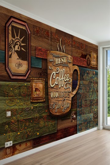 "Best Coffee" Yazılı ve Dekoratif Çerçeve Motifli Tek Parça Tekstil Duvar Kağıdı küçük görsel 2