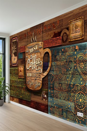"Best Coffee" Yazılı ve Dekoratif Çerçeve Motifli Tek Parça Tekstil Duvar Kağıdı küçük görsel 3