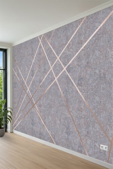 Beton Dokulu ve Metalik Geometrik Şerit Desenli Tek Parça Tekstil Duvar Kağıdı 