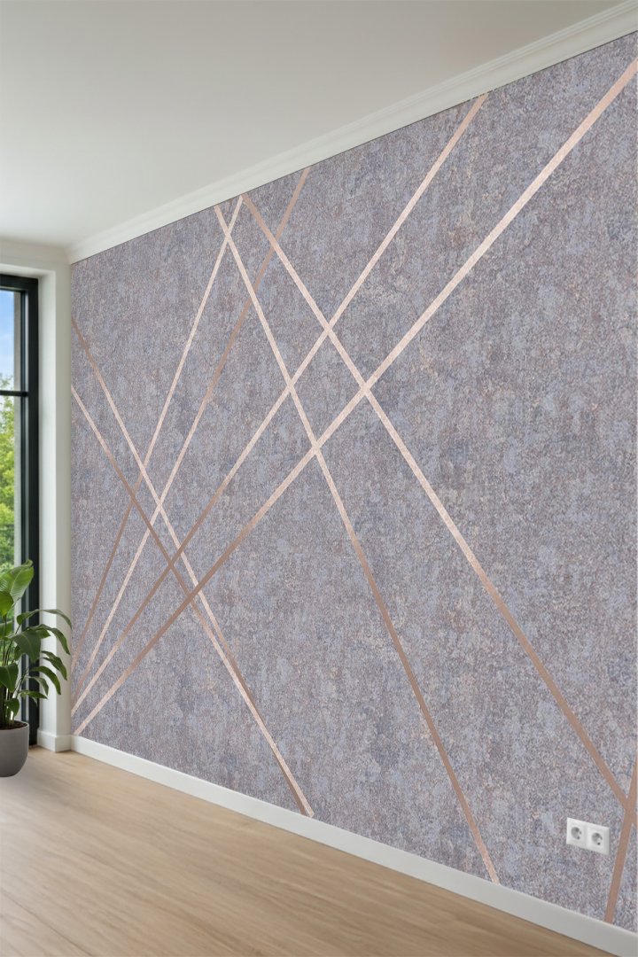 Beton Dokulu ve Metalik Geometrik Şerit Desenli Tek Parça Tekstil Duvar Kağıdı 
