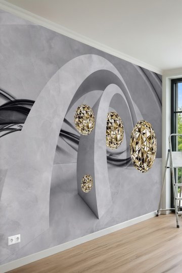  Beton Kemerler ve Kristal Kesim Altın Küre Desenli Tek Parça Tekstil Duvar Kağıdı 