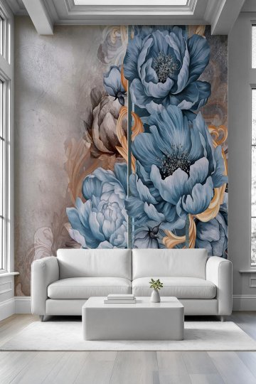 Beton, Mavi Şakayık Çiçekleri ve Altın Varak Desenli Tek Parça Tekstil Duvar Kağıdı