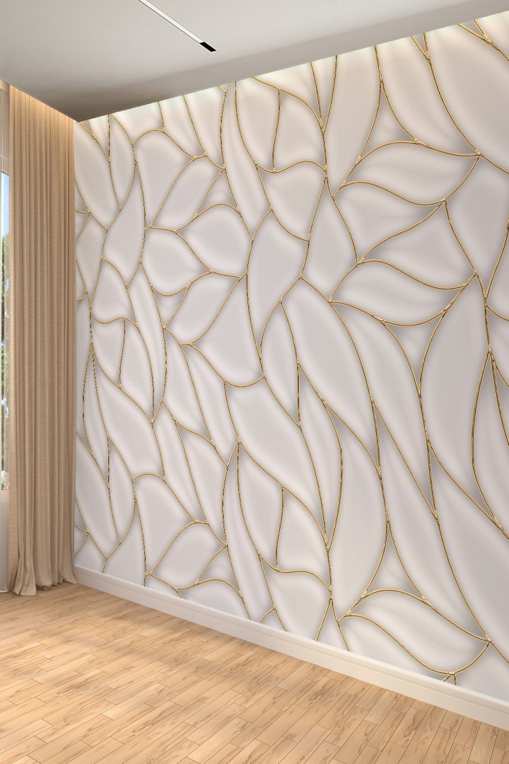 Beyaz Altın Çizgili Modern Lüks 3D Görünüm Tekstil Duvar Kağıdı