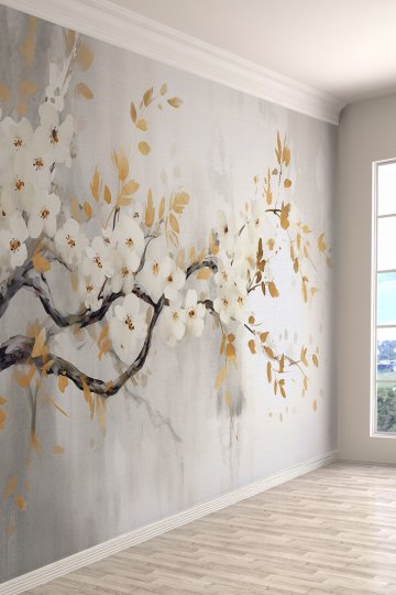 Beyaz Çiçek ve Altın Yaprak Desenli Tekstil Duvar Kağıdı