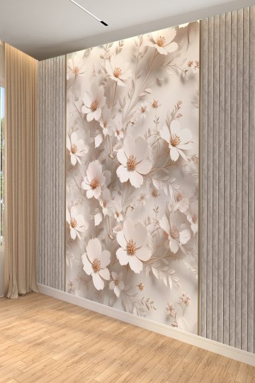 Beyaz Çiçek ve Panel Desenli Modern Tekstil Duvar Kağıdı