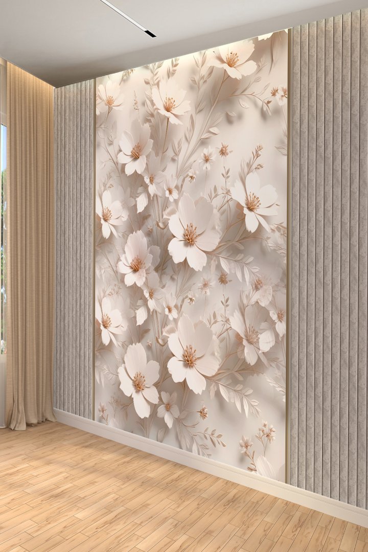 Beyaz Çiçek ve Panel Desenli Modern Tekstil Duvar Kağıdı
