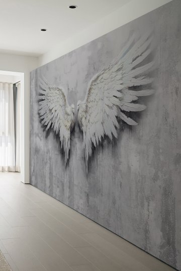 Beyaz Kuşlar Kanatlı Desenli Gri Fonlu Tekstil Duvar Kağıdı