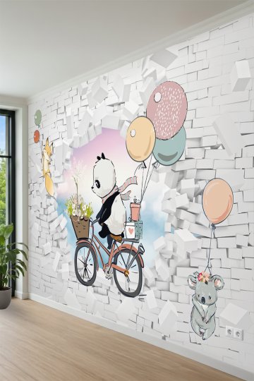 Bisikletli Panda ve Balonlar Tek Parça Tekstil Duvar Kağıdı