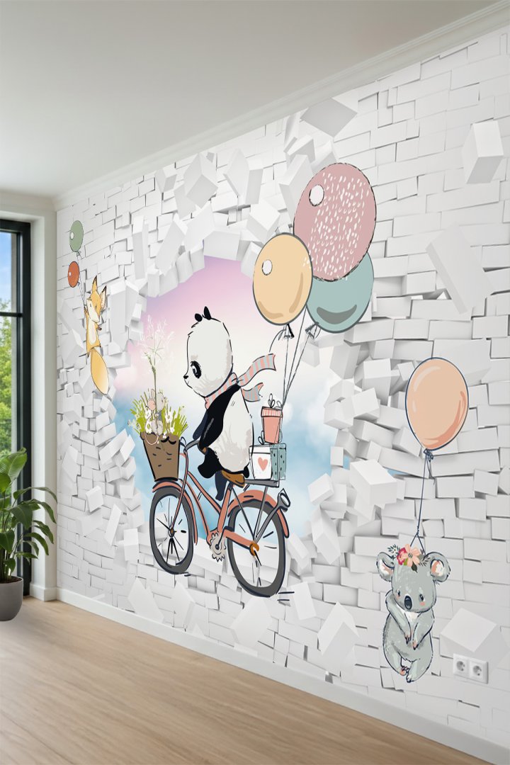 Bisikletli Panda ve Balonlar Tek Parça Tekstil Duvar Kağıdı