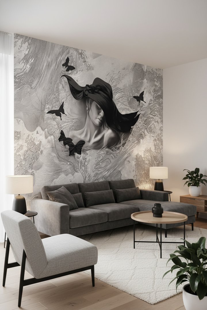 Black Elegance Siyah Şapkalı Kadın ve Kelebek Desenli Tekstil Duvar Kağıdı