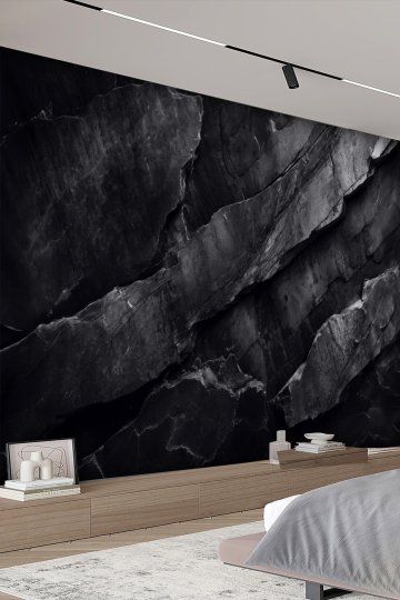 Black Rift – Siyah Doğal Taş Görünümlü Tek Parça Tekstil Duvar Kağıdı
