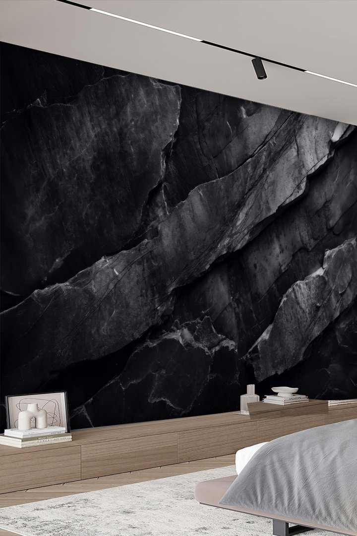 Black Rift – Siyah Doğal Taş Görünümlü Tek Parça Tekstil Duvar Kağıdı