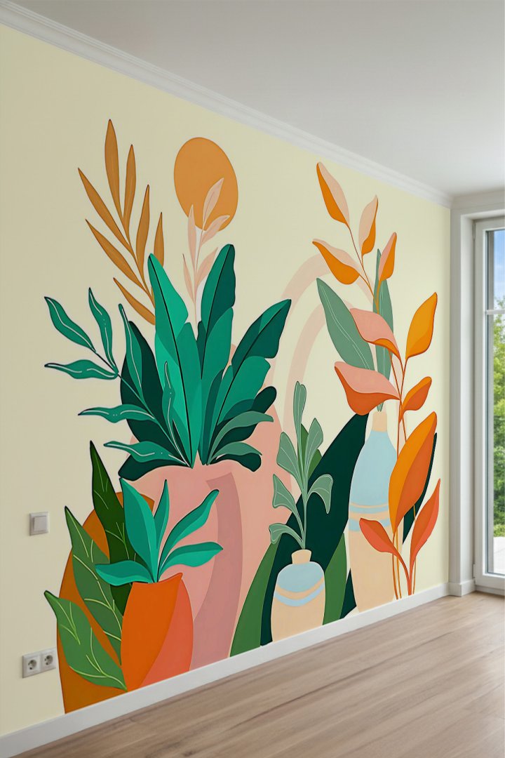 Bohem Tarzı Saksı Bitkileri Minimalist Yaprak Desenli Tek Parça Tekstil Duvar Kağıdı