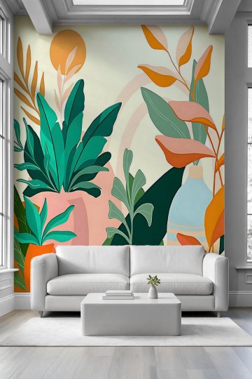 Bohem Tarzı Saksı Bitkileri Minimalist Yaprak Desenli Tek Parça Tekstil Duvar Kağıdı küçük görsel 2