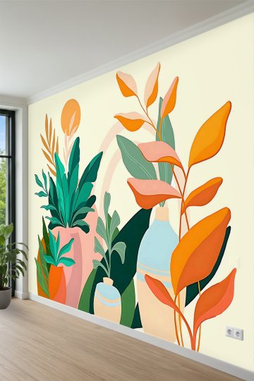 Bohem Tarzı Saksı Bitkileri Minimalist Yaprak Desenli Tek Parça Tekstil Duvar Kağıdı küçük görsel 3