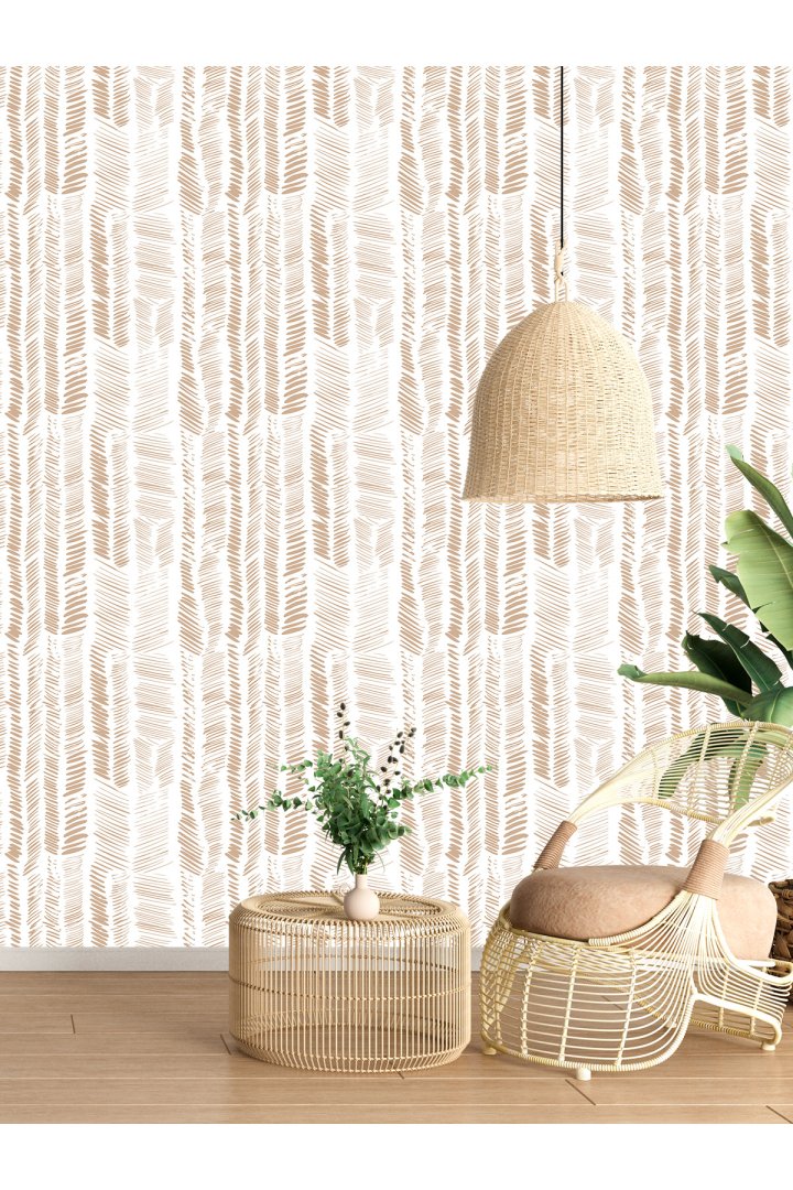 Boho Bej Çizgili Desenli Duvar Kağıdı