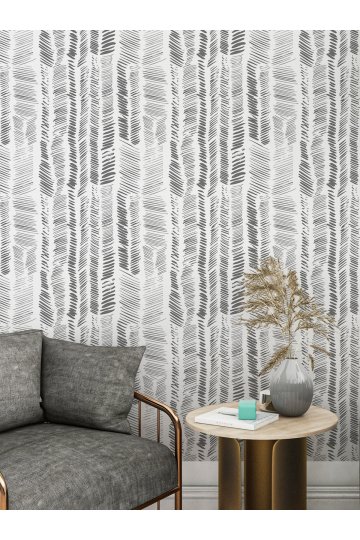 Boho Gri-Beyaz Çizgili Desenli Duvar Kağıdı