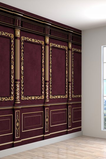 Bordo Kadife Doku Görünümlü Altın Varaklı Tekstil Duvar Kağıdı