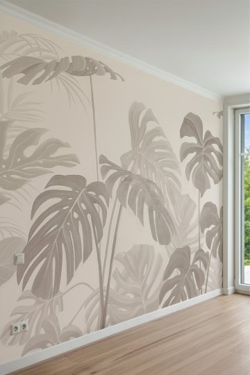 Büyük Monstera ve Tropikal Yaprak Motifli Tek Parça Tekstil Duvar Kağıdı