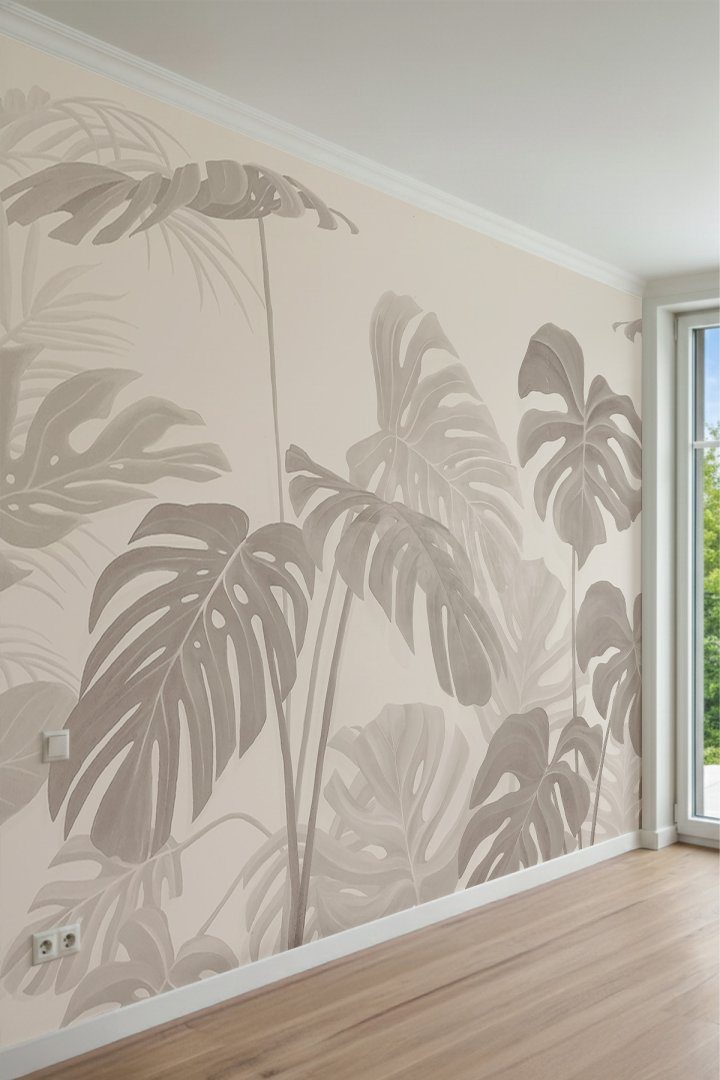 Büyük Monstera ve Tropikal Yaprak Motifli Tek Parça Tekstil Duvar Kağıdı