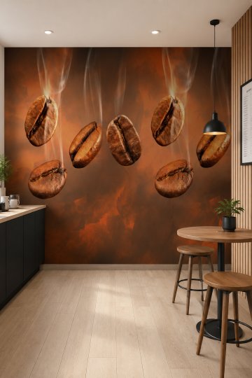 Cafe Kahve Çekirdekleri Desenli Isı Ve Ses Yalıtımlı Sağlıklı Tekstil Duvar Kağıdı küçük görsel 2