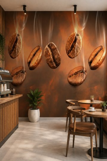 Cafe Kahve Çekirdekleri Desenli Isı Ve Ses Yalıtımlı Sağlıklı Tekstil Duvar Kağıdı